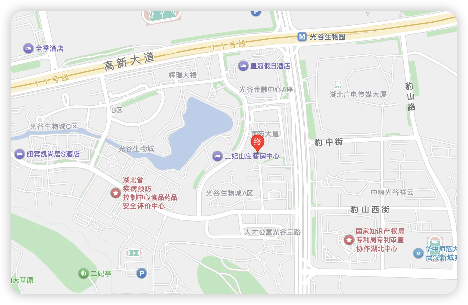 公司位置地图：光谷生物城国药大厦，邻近高新大道与光谷生物园地铁站，红色终点标识公司所在位置