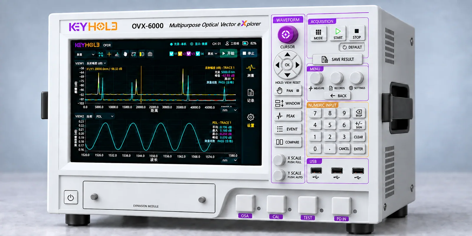 OVX-6000 方案C V0.5 仪器,配备双图触屏、紫色光标旋钮及数字键盘